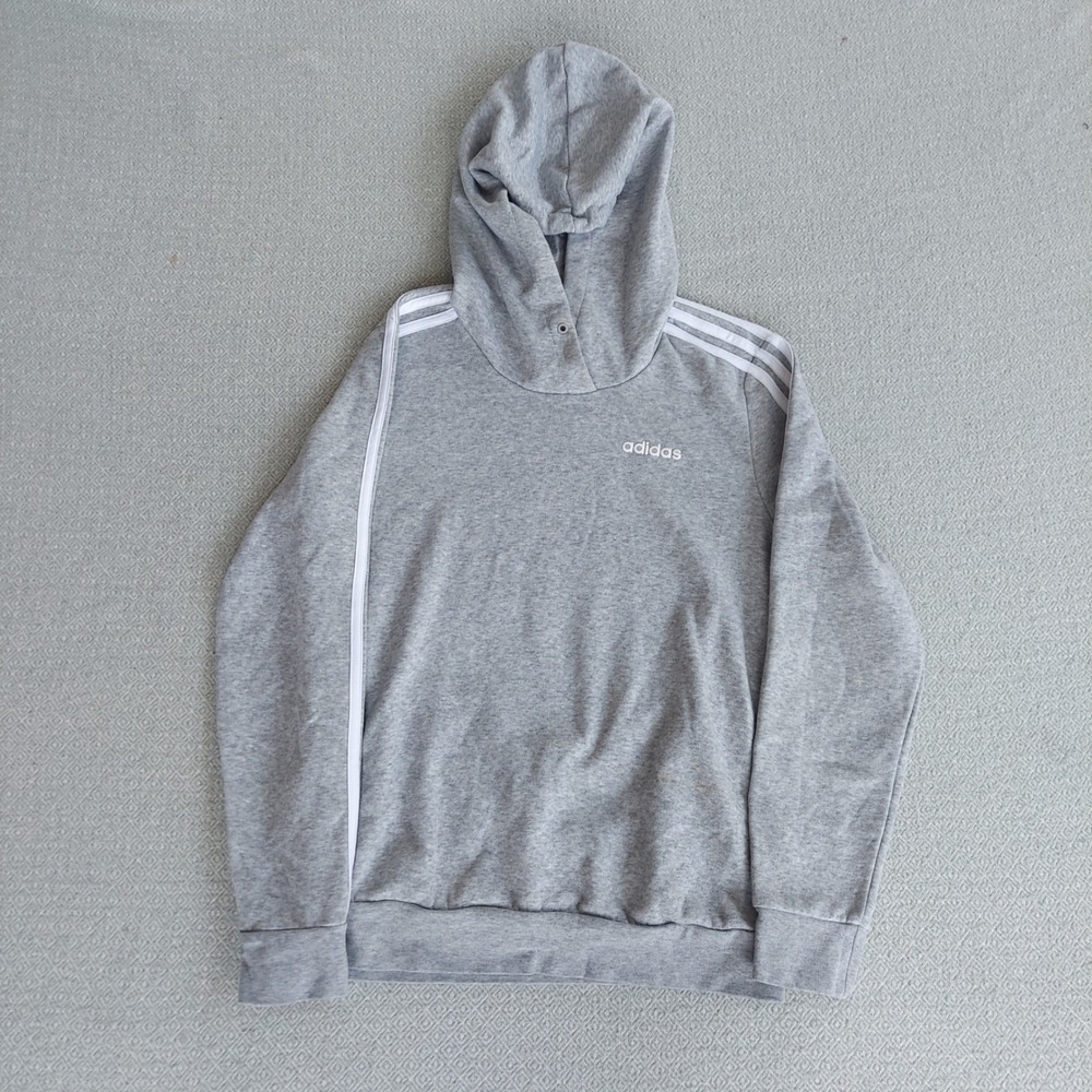 Adidas Hoodie Womens Small Grey Essentials 3-Stripes Pullover Fleece Sweatshirt